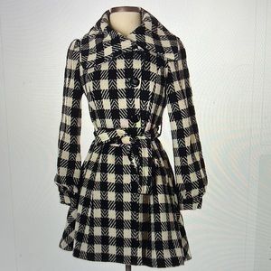 Black/ ivory Anna Sui wool plaid coat with belt